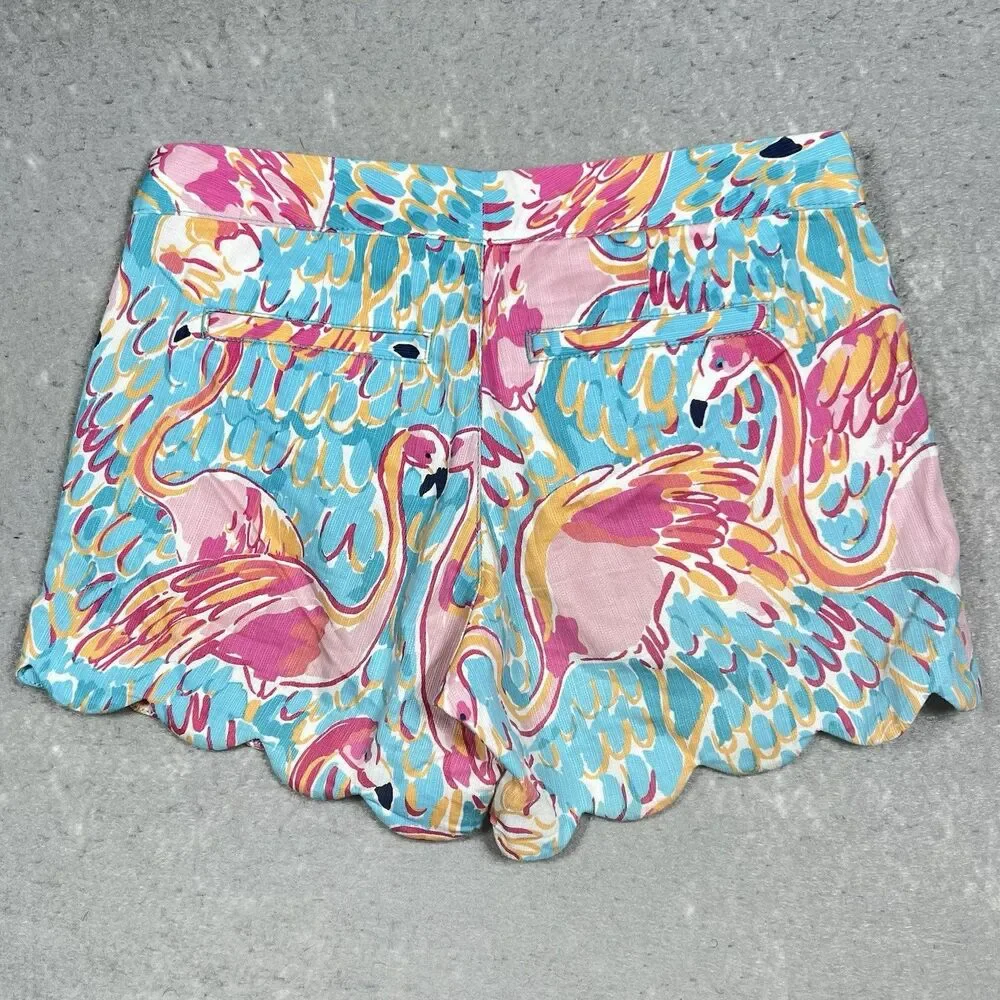 Lilly Pulitzer Buttercup Shorts Women’s 00 Blue Pink Flamingo Scallop Peel Trim